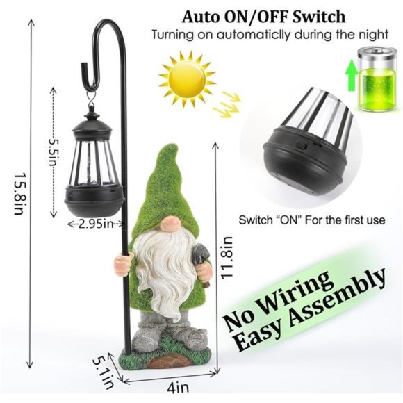 Flocked Garden Gnome Statue, Large Outdoor Gnome with Solar Lights, (15.8" Tall) - Picture 6 of 7